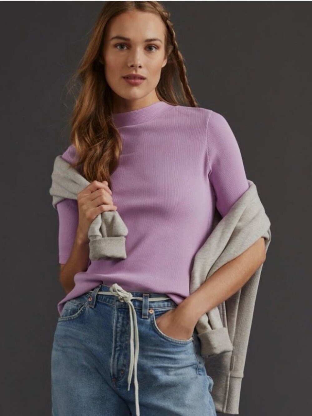 Anthropologie Maeve Purple Ribbed Half Sleeve Cotton Blend Mock Neck Top